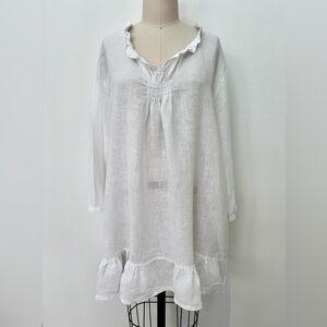 Tempo Paris Ruffled Romantic Tunic White Linen 3/4 Sleeves V-Neck Relaxed M/L